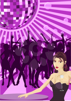 Royalty Free Clipart Image of a Woman Dancing in a Disco Club