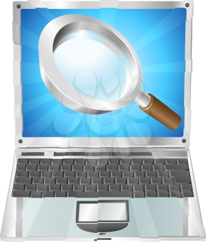 Royalty Free Clipart Image of a Magnifying Glass on a Laptop
