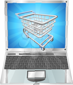 Royalty Free Clipart Image of a Shopping Cart Coming Out of a Laptop Screen
