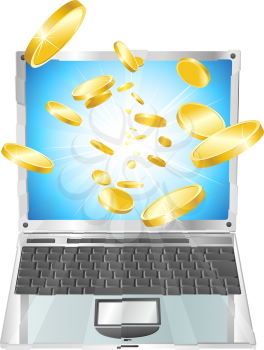 Royalty Free Clipart Image of Coins Coming Out of a Laptop