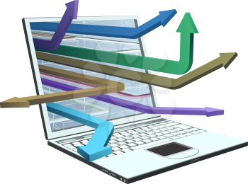 Royalty Free Clipart Image of Arrows Coming Out of a Laptop