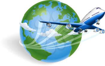 Royalty Free Clipart Image of an Airplane Circling the Globe