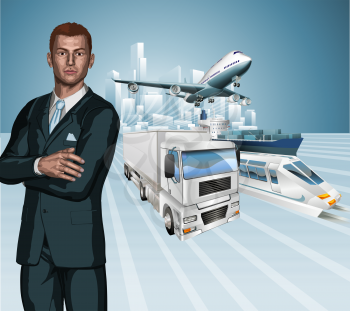 Royalty Free Clipart Image of a Businessman in Front of Various Forms of Transportation