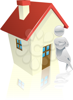 Royalty Free Clipart Image of a Mascot Outside a House