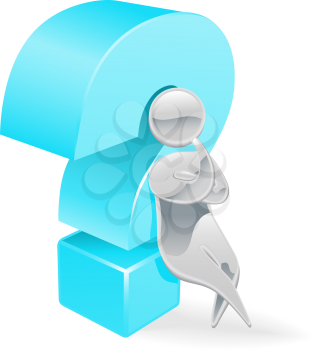 Royalty Free Clipart Image of a Mascot Leaning on a Question Mark