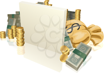 Royalty Free Clipart Image of a Sign in Front of Money