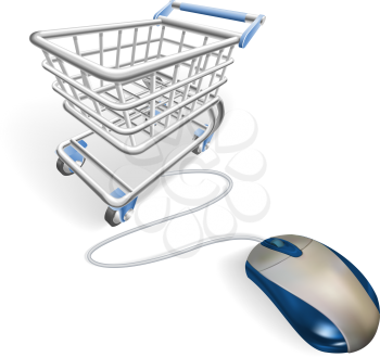 Royalty Free Clipart Image of a Mouse Connected to a Shopping Cart
