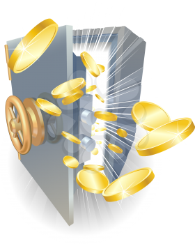Royalty Free Clipart Image of Coins Coming Out of a Safe
