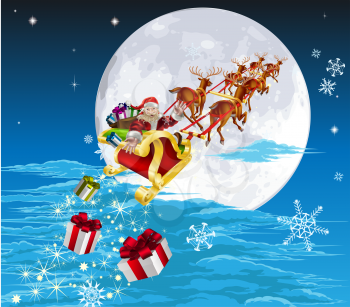 Royalty Free Clipart Image of Santa Flying His Sleigh