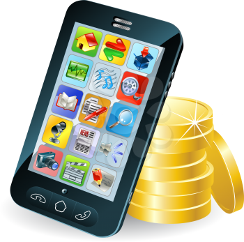 Royalty Free Clipart Image of a Smartphone on Coins