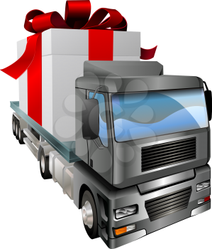 Royalty Free Clipart Image of a Truck Transporting a Present