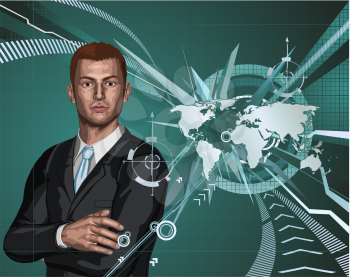 Royalty Free Clipart Image of a Businessman In Front of a World Map