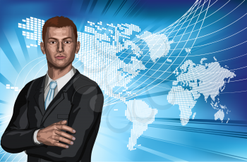 Royalty Free Clipart Image of a Businessman In Front of a World Map