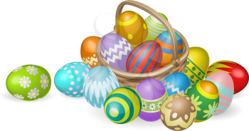 Royalty Free Clipart Image of a Basket of Easter Eggs