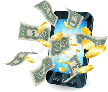 Royalty Free Clipart Image of Money Bursting from a Smartphone Screen