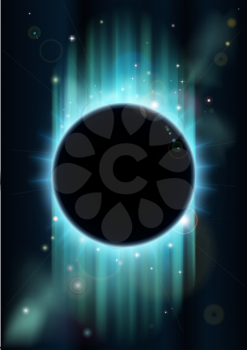 An abstract blue and green eclipse space background with copyspace in the center