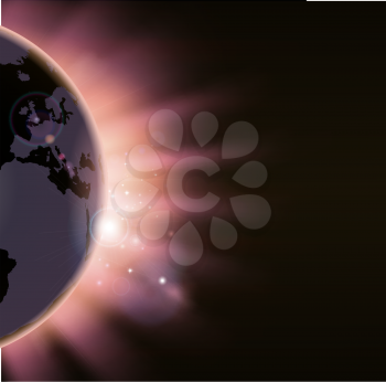 Illustration of the suns rays bursting over the world globe. Europe side visible