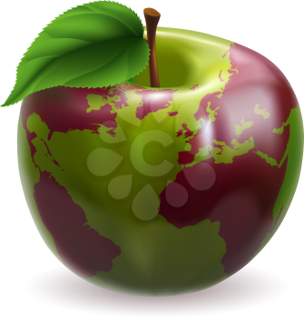 Conceptual illustration of an apple with color on skin forming the world globe