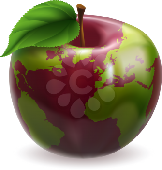 Red and green apple with world globe pattern on skin