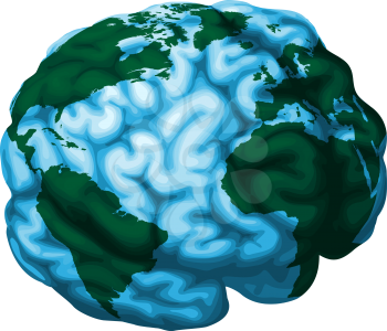 A conceptual illustration of a world globe in the shape of a human brain