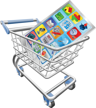 An illustration of a smart mobile phone or tablet PC in shopping cart trolley 