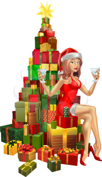 Pretty woman in Santa outfit sitting on stack of gifts