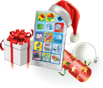 Christmas mobile phone with Santa hat, gift, cracker and bauble