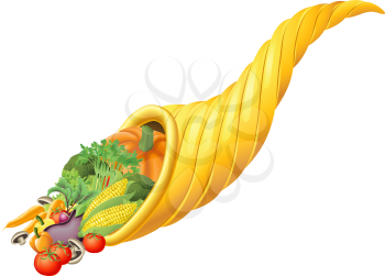 Illustration of thanksgiving or harvest festival cornucopia horn full of produce