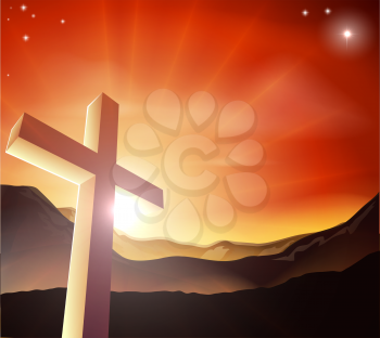 Sun rising behind the Cross over a mountain range. Resurrection Christian Easter concept