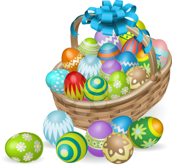 Easter basket of colourful painted Easter eggs with blue bow
