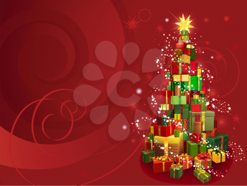 Red Christmas gift tree background with snowflakes and swirls