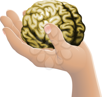Conceptual illustration of a hand holding a brain
