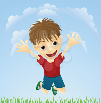 Illustration of a young boy happily jumping the air with arms outstretched.