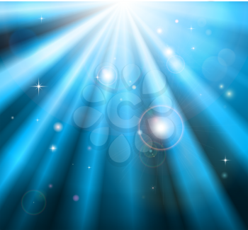 Bright blue light rays shining down with lens flare background