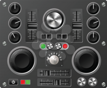 Mixing desk production sound or video desk console sliders, buttons, knobs and switches