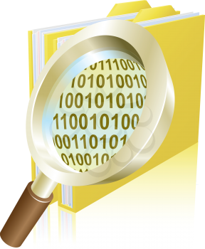 Conceptual illustration of magnifying glass searching binary data file folder