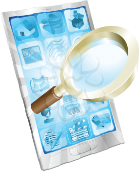Magnifying glass search icon coming out of phone screen concept

