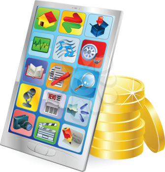 Mobile phone or tablet PC gold coin money concept