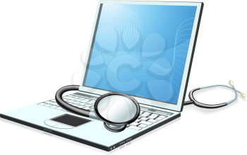 A laptop pc computer with stethoscope wrapped round it. Health check concept.