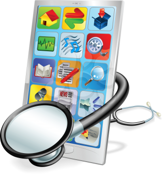 A mobile phone or tablet pc with stethoscope wrapped round it. Health check concept