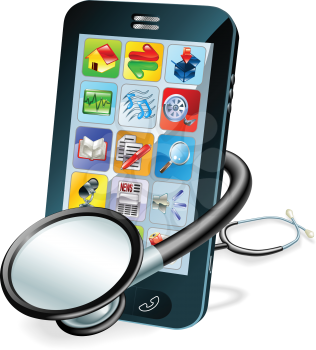 A mobile phone with stethoscope wrapped round it. Problem diagnosis concept