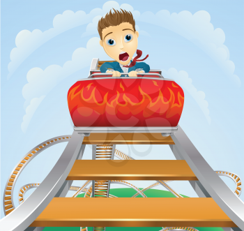 Illustration of a business man looking very scared on a roller coaster 