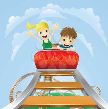 Illustration of a boy and girl enjoying a thrilling roller coaster ride