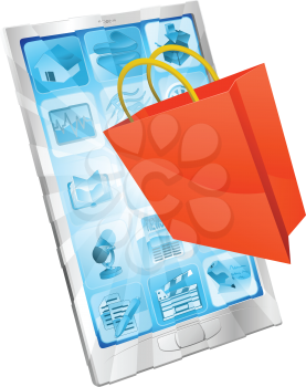 Shopping bag icon coming out of phone screen online shopping concept 