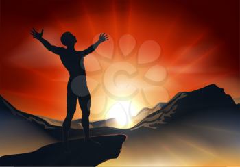Illustration of a man on a mountain or cliff top with arms out at sunrise or sunset with light sunburst