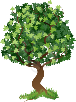 An illustration of a stylised tree with grass around its roots

