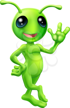 Illustration of a cute cartoon little green man alien mascot with antennae smiling and waving
