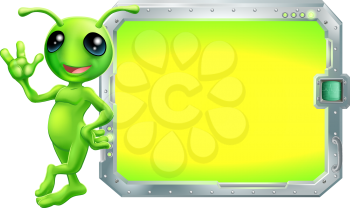 A cute green alien with a sign or screen with copyspace 
