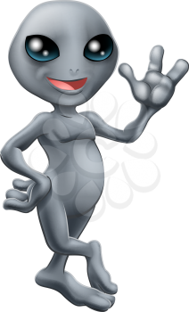 Illustration of a cute cartoon little grey alien smiling and waving