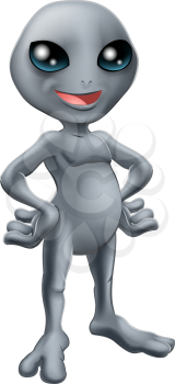 Cartoon happy friendly grey alien mascot standing with his hands on his hips